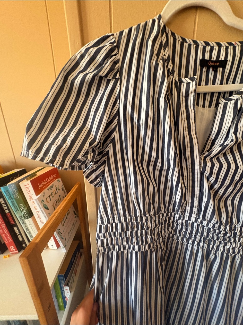 Quince Navy and White Striped Midi Dress